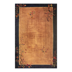1920s Large Size Wool Camel Chinese Floral Antique Knotted Art Deco Carpet Rug