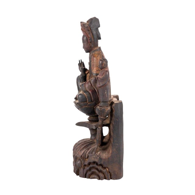Traditional 19th Century Chinese Qing Dynasty Carved Wood Guanyin Sculpture With Attendants For Sale - Image 3 of 8