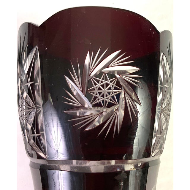 1930s Bohemian-Cased , Ruby Cut to Clear- Crystal Vase With Starbursts and Geometric Cut Patterns Along the Flared Rim For Sale - Image 5 of 8