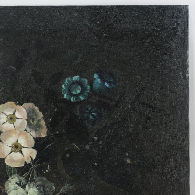 Traditional Vintage Dark Floral Still Life Oil Painting on Canvas With Peacock Feather For Sale - Image 3 of 10