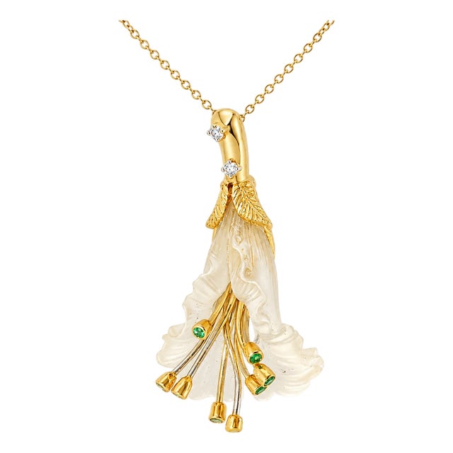 18K Yellow Gold Diamond Emerald Floral Pendant Necklace Slide For Sale