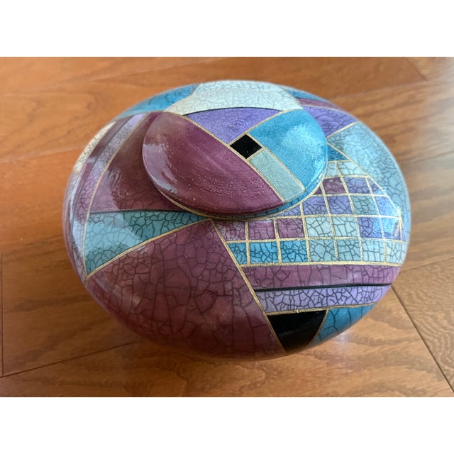 1998 Postmodern Mindy Brunn Handmade Geometric Signed and Dated Raku Ceramic 10" Centerpiece Lidded Vessel / Art Pottery For Sale - Image 18 of 18