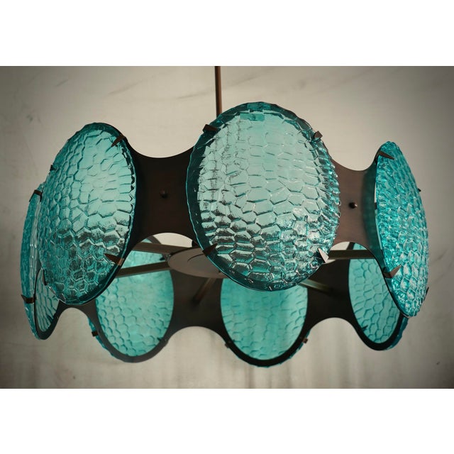 Mid-Century Italian Round Murano Glass and Bronze Chandelier, 2000s For Sale - Image 4 of 9