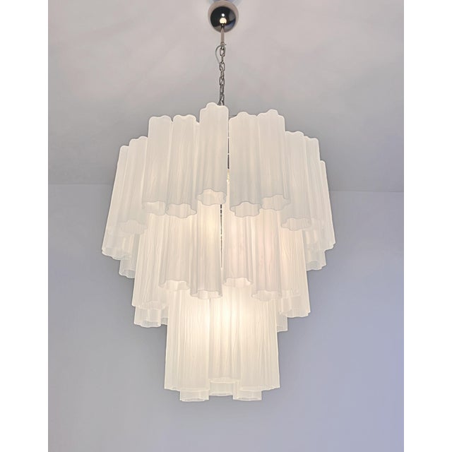 Large Three-Tier Venini Murano Glass Tube Chandelier in Etched Glass, 1990s For Sale - Image 4 of 16