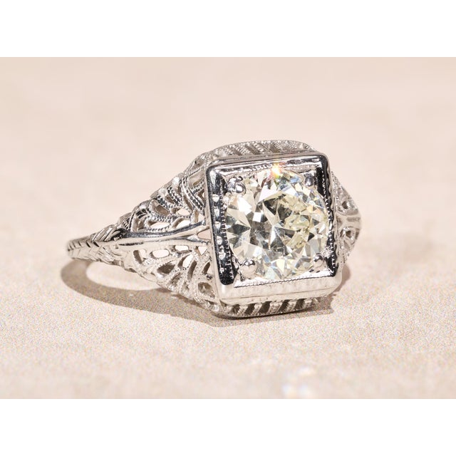 Silver The Rebecca: Ladies 18 Karat White Gold Filigree engagement ring set with 1.30 Carat European Cut Diamond For Sale - Image 8 of 13