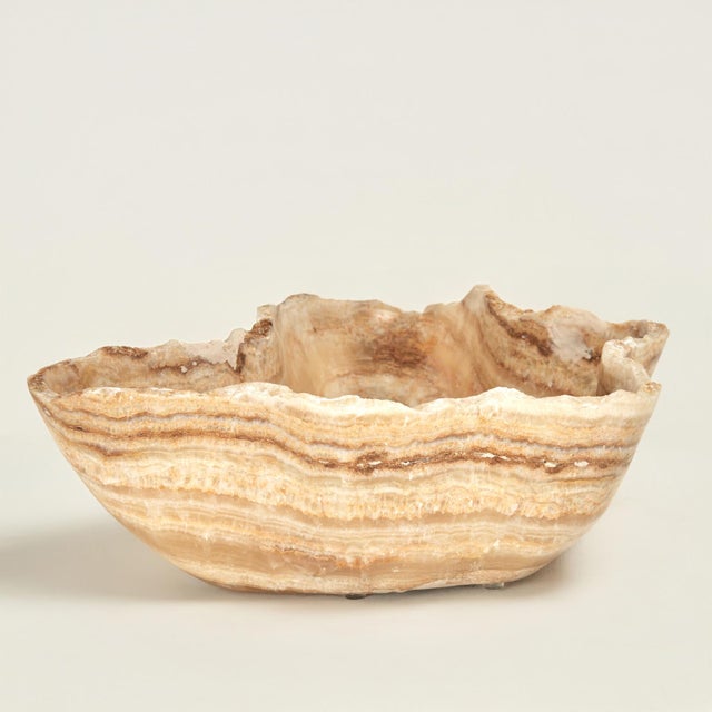 Lofty banded calcite or white onyx bowl, object of art hand carved and polished in a biomorphic modern form retaining its...