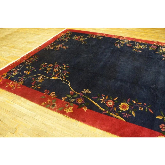 1920s Navy Blue Floral Antique Chinese Art Deco Carpet 7' 10'' X 9' 7'' Knotted Pile Wool Rug For Sale - Image 4 of 12