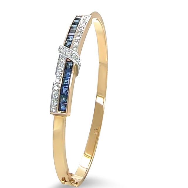 14ct Yellow and White Gold Sapphire and Diamond Hinged Bracelet 0.38ct 16g For Sale - Image 6 of 8