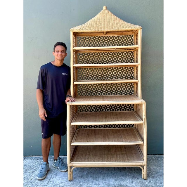Ecru Amanda Lindroth Pagoda Rattan Etagere For Sale - Image 8 of 12