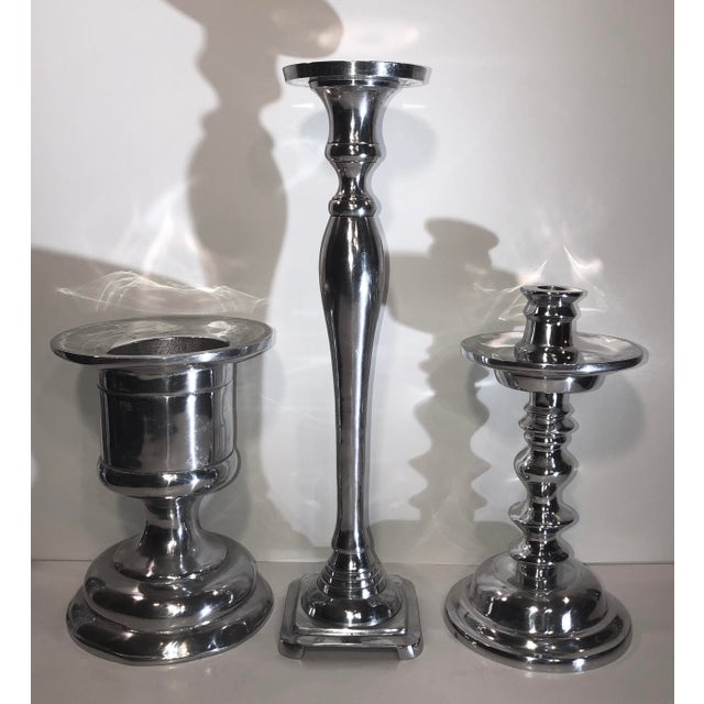 * 3 Polished Pewter Hollowware Candle Holders Tall Silver Taper and