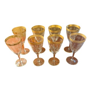 Antique Cambridge Etch 701 - 7" Water Goblets - Etched W/Gold Bands - Set of 8 For Sale