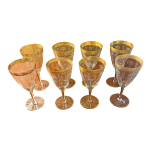 Antique Cambridge Etch 701 - 7" Water Goblets - Etched W/Gold Bands - Set of 8