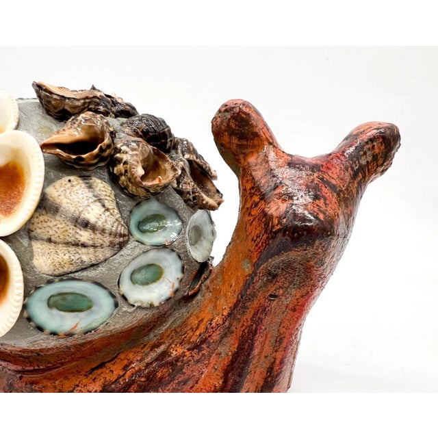 Paint Vintage Folk Art Cement Snail Figurine With Seashell Floral Shell – Coastal Paperweight Decor For Sale - Image 7 of 11