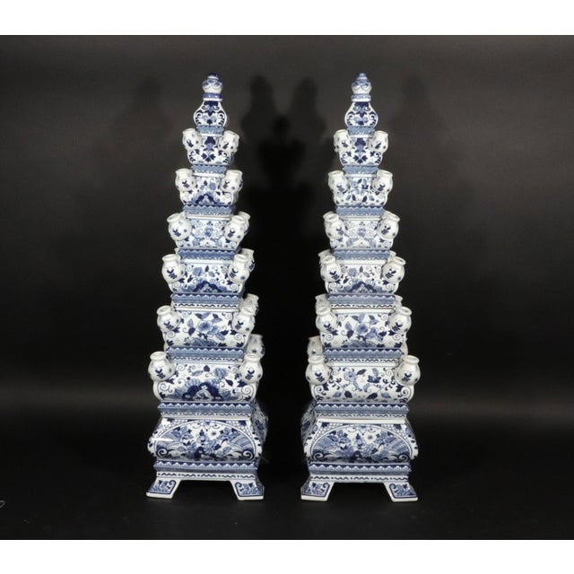 2020s Monumental Flora: Pair of Vintage Blue & White Tulip Vase Pyramids For Sale - Image 5 of 12
