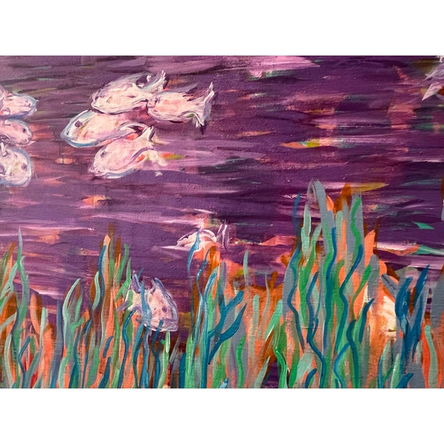 Underwater abstract painting of seaweed and fish in vibrant purples and teals.