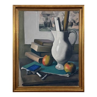 Antique Modernist Still Life With Books and Pitcher by Raoul Martinez (1876-1974), Signed (1928, Oil on Canvas) For Sale