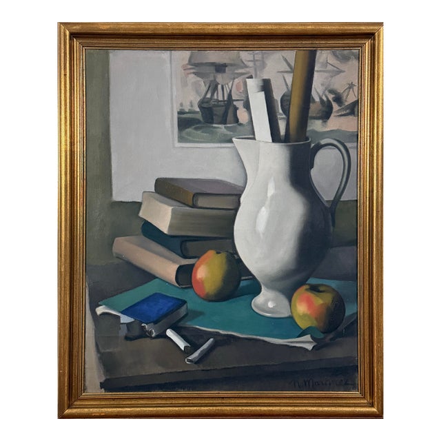 Antique Modernist Still Life With Books and Pitcher by Raoul Martinez (1876-1974), Signed (1928, Oil on Canvas) For Sale