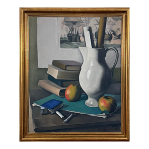 Antique Modernist Still Life With Books and Pitcher by Raoul Martinez (1876-1974), Signed (1928, Oil on Canvas)