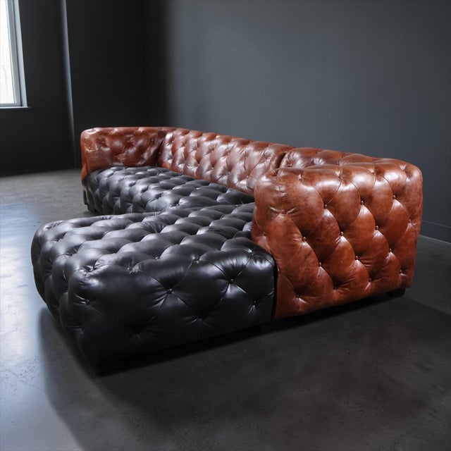 Two-Tone Chesterfield Sectional in Black & Cognac Leather — Sculptural Modern Statement For Sale - Image 13 of 15