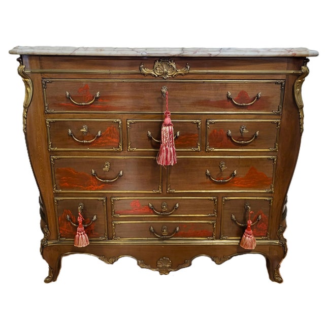 Wood Vintage French Style Japanese Tansu Painted Bronze & Marble Top Commode Dresser For Sale - Image 7 of 18