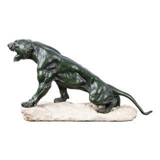Eugene Cartier, French Art Deco Jaguar, 20th Century, Bronze on Stone Base For Sale