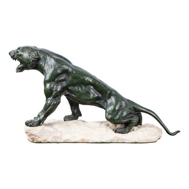 Eugene Cartier, French Art Deco Jaguar, 20th Century, Bronze on Stone Base For Sale