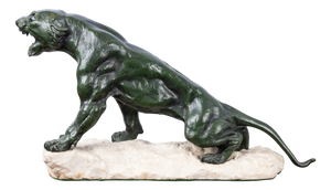 Eugene Cartier, French Art Deco Jaguar, 20th Century, Bronze on Stone Base