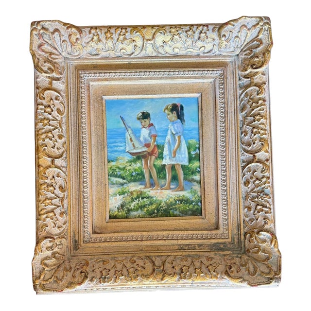 Vintage Coastal Oil Painting-Children-Sailboat-Ornate Gilt Wood Frame-Art-Beach For Sale