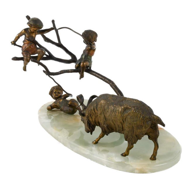 Traditional Bronze Charging Ram Figural Group Sculpture on Green Onyx Base For Sale - Image 3 of 8