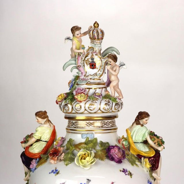 Large German Dresden Figural, Scenic & Floral Lidded Porcelain Palace Urn C1880 For Sale - Image 9 of 18