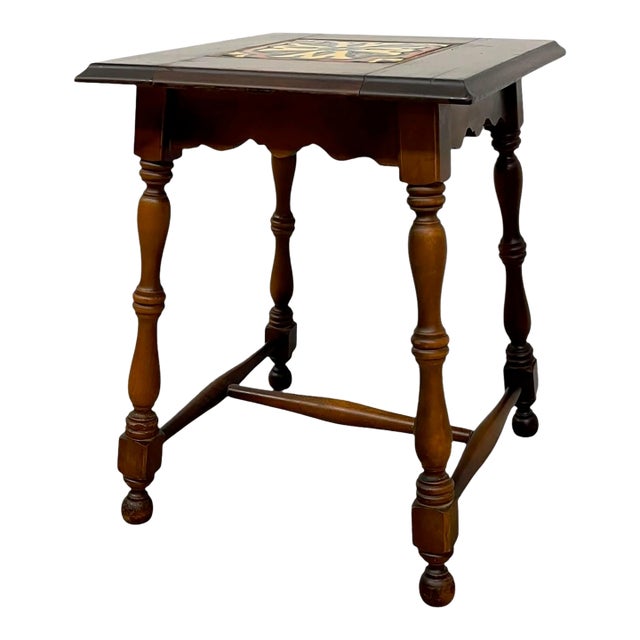 Vintage Tile Top Side Table With Turned Legs and Wood Frame For Sale
