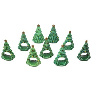 1980's Ceramic Christmas Tree Napkin Rings and Salt & Pepper Shaker Set - Set of 9 For Sale