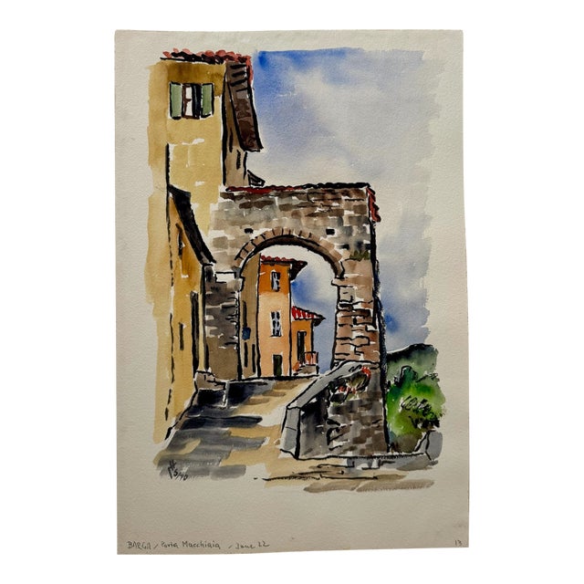 Henry Emil Salloch Original Watercolor on Paper Porta Macchiaia, Barga, Italy. 1970. For Sale
