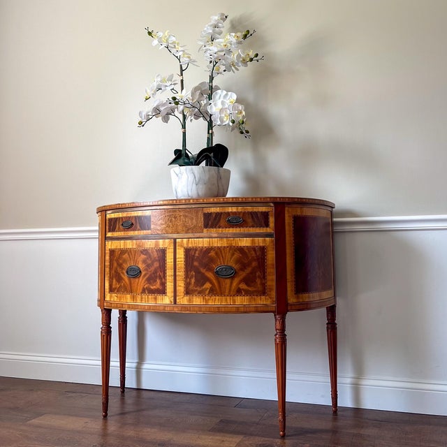Brown 1930s Vintage Hepplewhite Demilune Server, Victorian Sideboard, Transitional Credenza, Entryway Bureau For Sale - Image 8 of 8