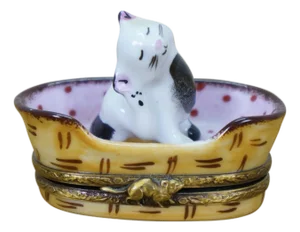 Late 20th Century Gérard Ribierre Limoges France Peint Main Trinket Keepsake Cat Basket Box 2"