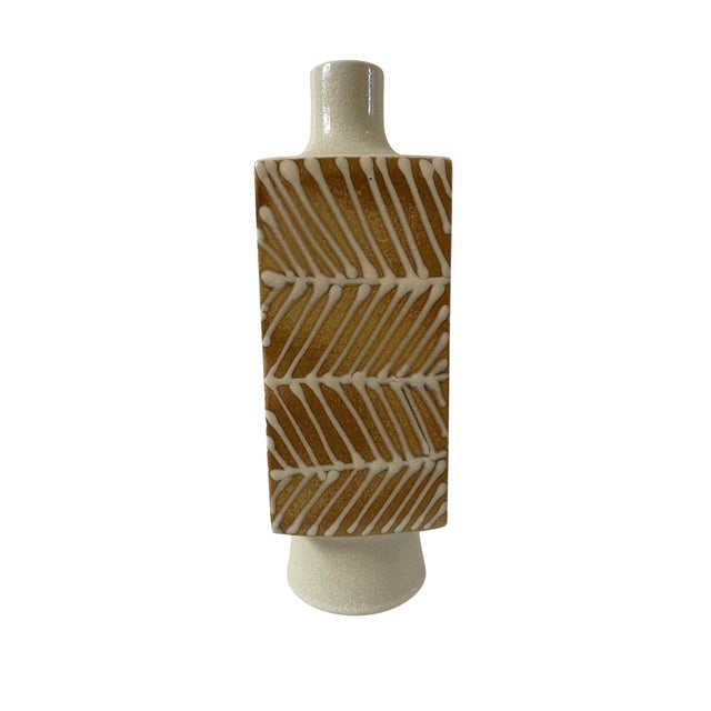 This unique Mogi Nagoya Japanese MCM Geometric Vase features a distinctive tan and white color palette, showcasing...