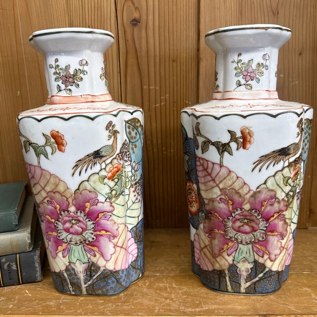 Pair of Floral Pink and Blues Vases Early 19 Century Chinese Guangxu Period Attributing the 17c Qianlong For Sale - Image 4 of 12