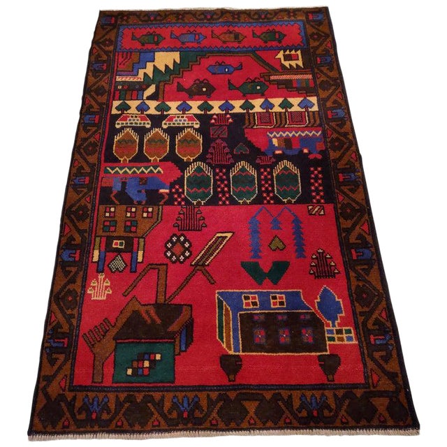 Afghan Red Pictoral Rug-2'11'x4'8" For Sale