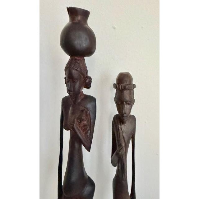 Antique Ebony Wood Hand Carved African Folk Sculptures - Set of 2 For Sale - Image 4 of 14