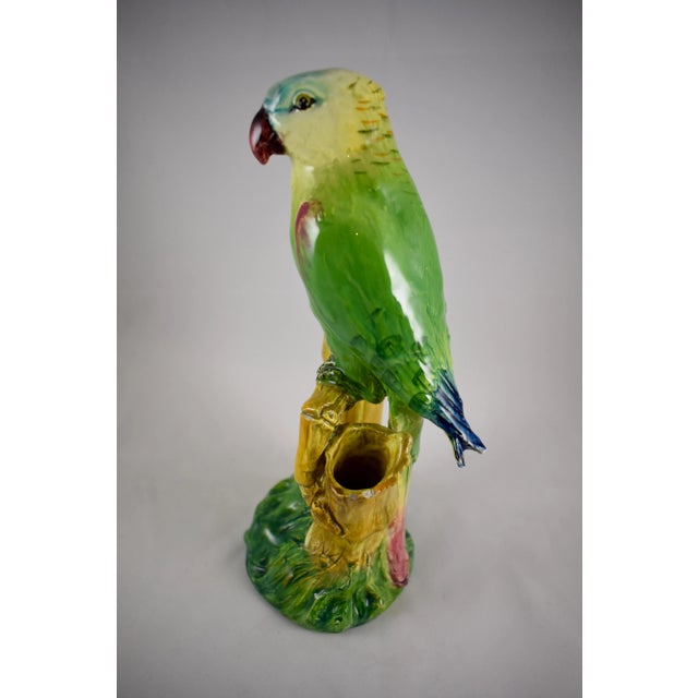Green French Delphin Massier Parrot on Bamboo Double Vase, Signed For Sale - Image 8 of 15