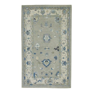Early 21st Century Green & Blue Floral Design Handwoven Wool Turkish Oushak Rug 3'10" X 6'1" For Sale