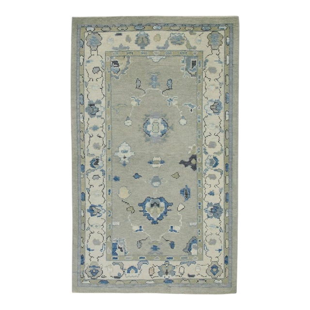 Early 21st Century Green & Blue Floral Design Handwoven Wool Turkish Oushak Rug 3'10" X 6'1" For Sale