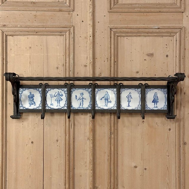 19th Century Dutch Wrought Iron Coat Rack With Delft Tiles For Sale In Dallas - Image 6 of 18