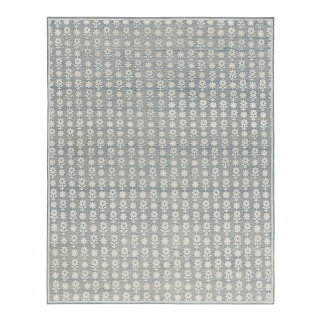 Rug & Kilim’s Modern Block Print Rug in Blue with White Floral Patterns - 10x14 For Sale