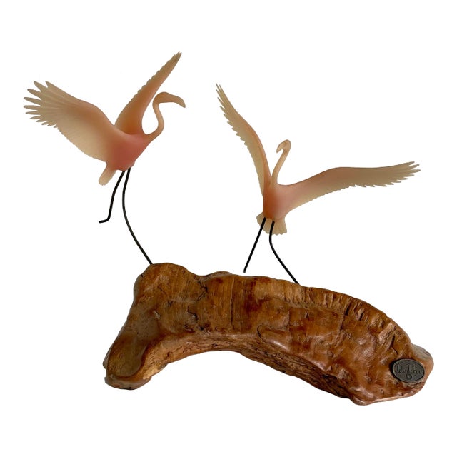 1980's John Perry Pink Flamingos Sculpture on Burlwood For Sale
