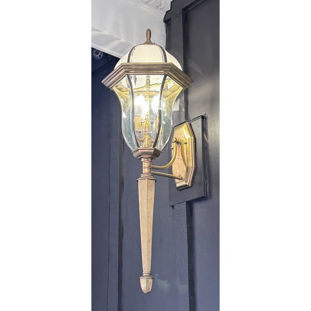 Made in Hong Kong | Frosted Dome | Colonial Revival A beautifully scaled pair of solid brass outdoor coach lantern sconces...