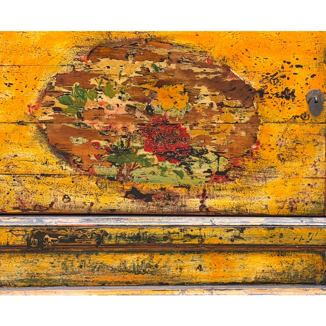 Distressed Yellowish Floral Graphic Mid Size Credenza Sideboard Cabinet For Sale - Image 10 of 10