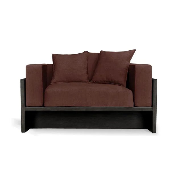 Contemporary Dark Oak & Maroon Fabric Chaplin Lounge Chair by Collector For Sale - Image 3 of 3