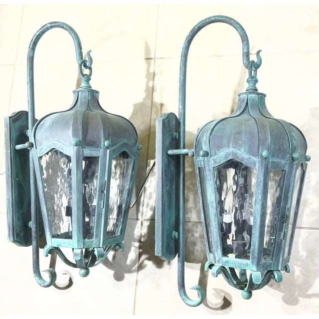 Pair of Vintage Large Solid Brass Outdoor Wall Lanterns For Sale - Image 10 of 17