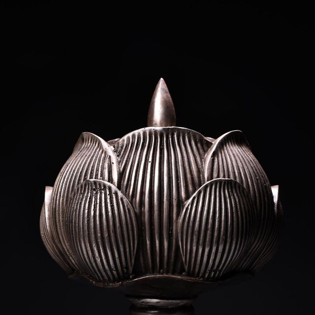 Vintage Solid Copper Lotus Censer, High Relief Carved & Silver Washed Stemmed Incense Burner For Sale - Image 4 of 10